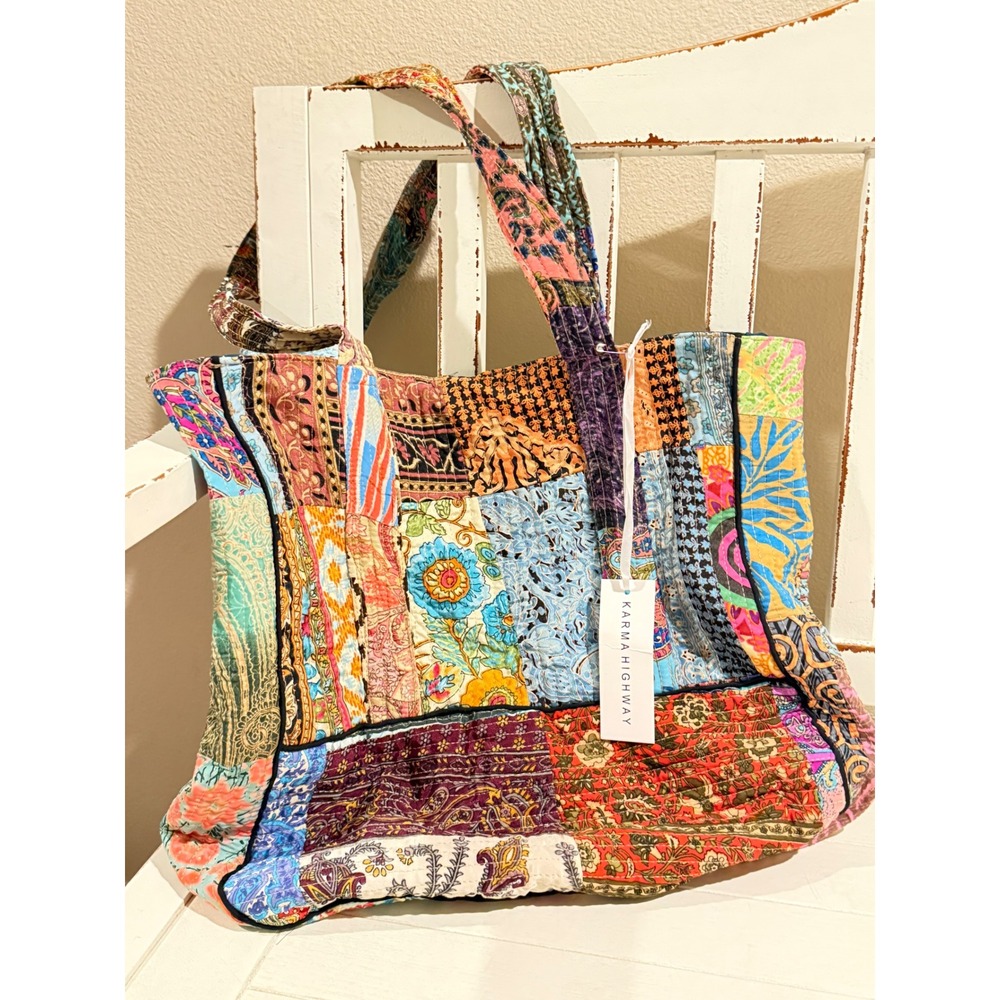 Karma Highway‎ Patchwork Tote Bag Quilted Boho Colorful Viscose Shoulder Bag NEW